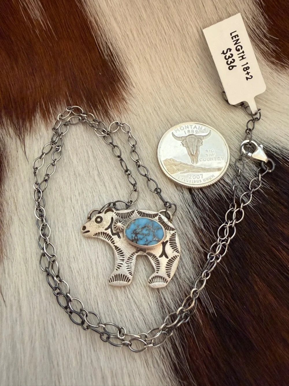 ❤️ Golden Hills Turquoise Hand Stamped Statement Bear Necklace 925 Matte 18+2”
